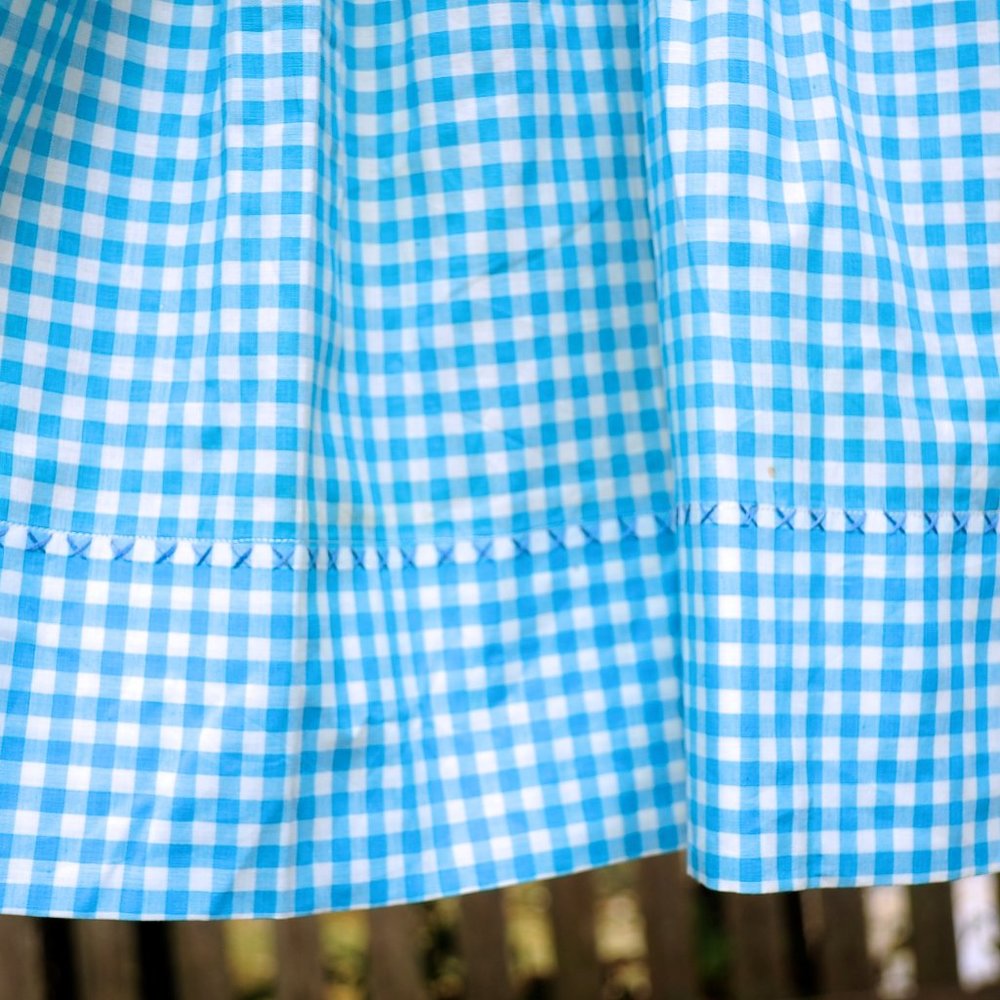 Vtg Teal Blue Gingham Check Apron Smocked Waist View 4